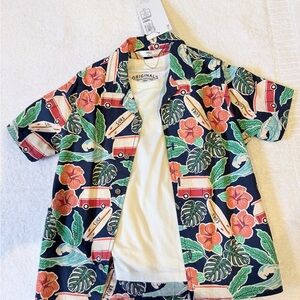 Colorful Hawaiian Shirt with Floral and Surfboard Print